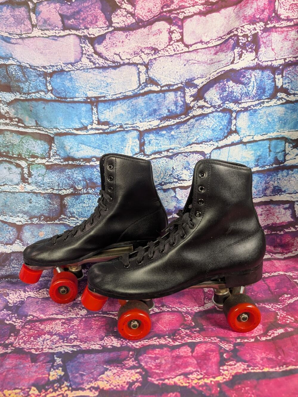 Roller Derby Vintage Black Leather Quad Roller Skates Men Sz 11 Red Wheels 382